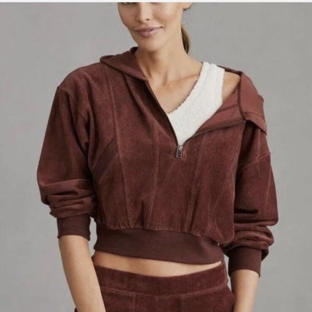 Daily practice by Anthropologie velour corduroy half zip hoodie Size Small Brown